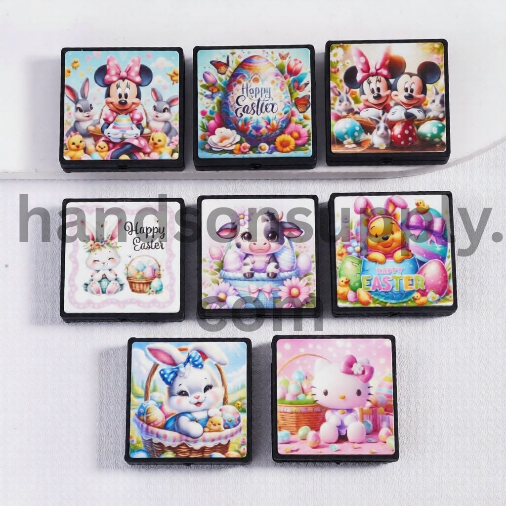 Easter Egg with Classic Animation Animal Characters Print Flat Square Silicone Focal Beads Random Mix