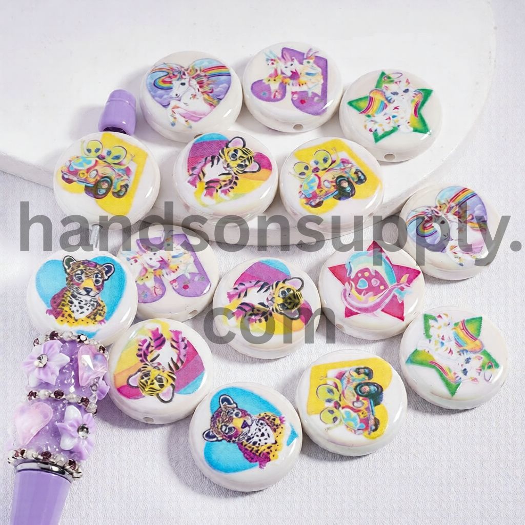 UV Coated Leopard, Cat & Toy Adventure Multi‑Color Bright Prints White Flat Round Acrylic Beads 23MM Random Mix