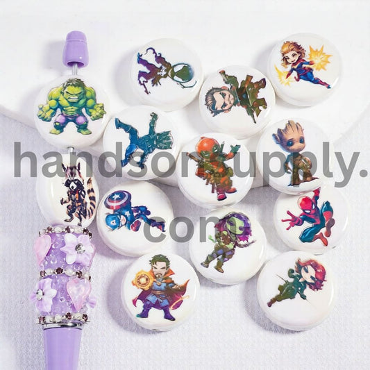 UV Coated Strong Character Series Prints Flat Round White Acrylic Beads 23MM Random Mix