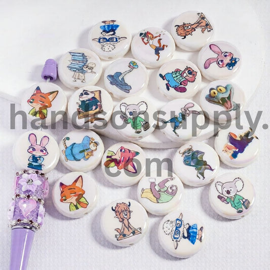 UV Coated Crazy Animal City Series Prints on Flat Round White Acrylic Beads Random Mix