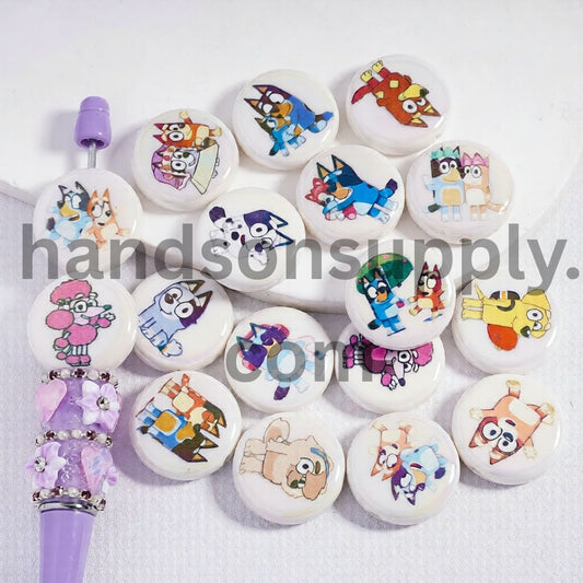 UV Coated Christian Blue Dog Series Prints on Flat Round White Acrylic Beads 23MM Random Mix