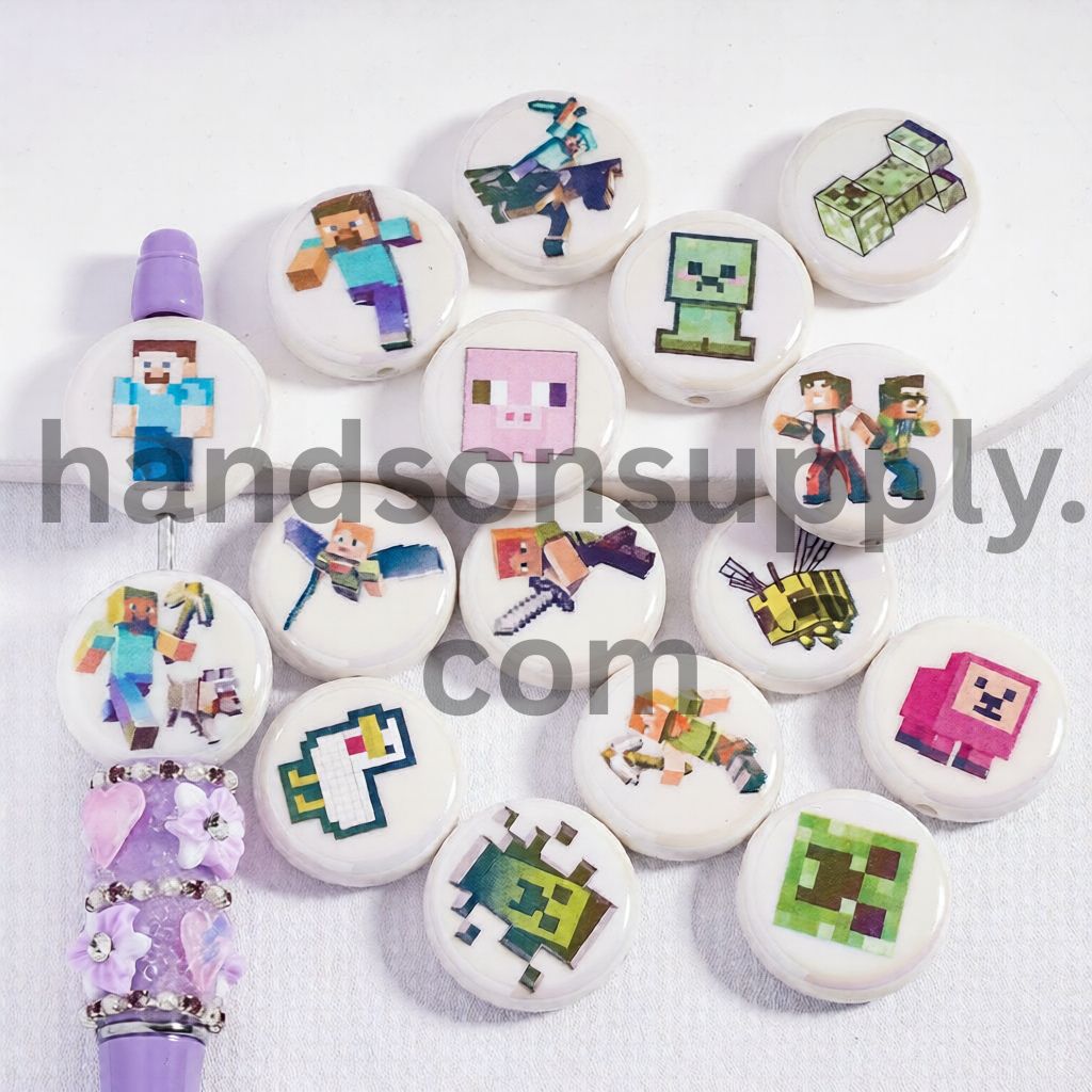 UV Coated Christian Sandbox Game Prints on Flat Round White Acrylic Beads 23MM Random Mix