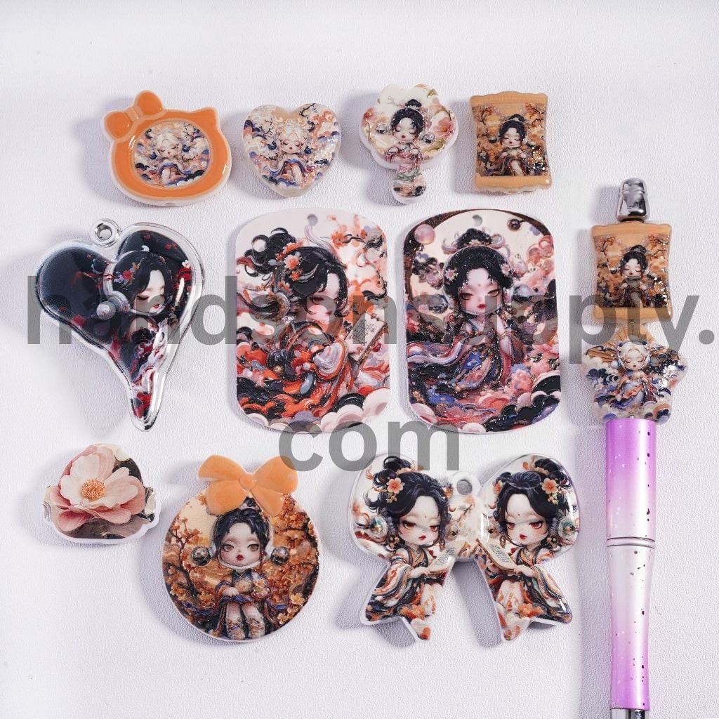 Concavo-Convex Chinese-Style Girl Print in Different Shape & Designs Acrylic Beads Pendant Random Mix