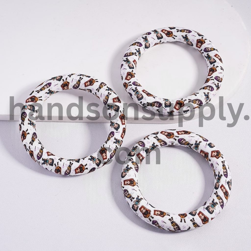 Stylish Girl Band Pattern Print Round Ring Silicone Focal Beads 65MM