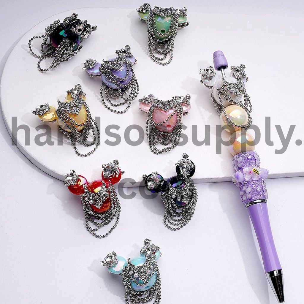 UV‑Coated Multicolor Mouse Head with Silver Metal Chains, Rhinestones & White Pearls Acrylic Beads 30*25MM, Random Mix