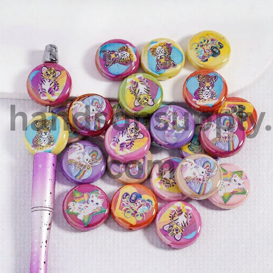 UV Coated Multicolor Flat Round Acrylic Beads with Bright Theme Prints 23mm Random Mix