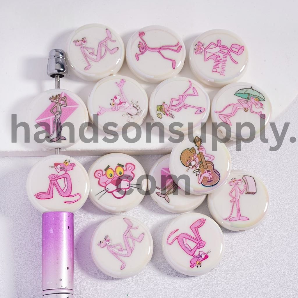 UV‑Coated Pink Leopard Print Flat Round White Acrylic Beads 23mm Random Mix