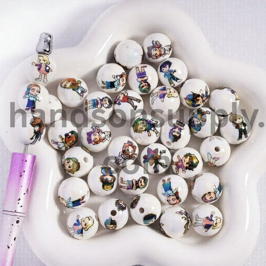 UV‑Coated Cute Adventure Boy Series Print Round Acrylic Beads Bracelets 16mm Random Mix