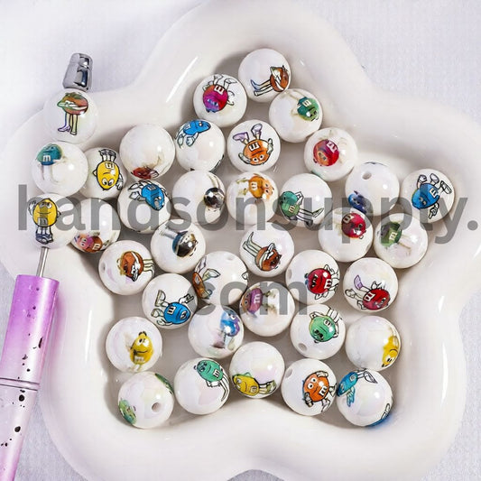 Semi Clear Two Blue Robot Cat Characters and Glitter Inside Round Acrylic Beads for Bracelet 16mm