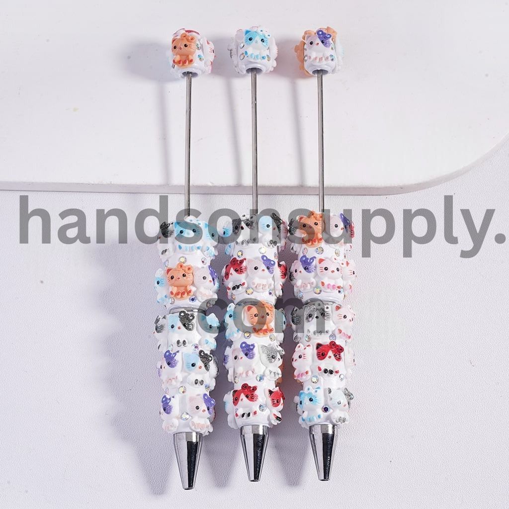 Cute Cat Character Theme Beadable Clay Pens with Bowtie and AB Rhinestones