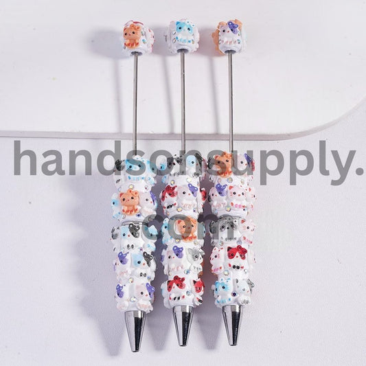 Cute Cat Character Theme Beadable Clay Pens with Bowtie and AB Rhinestones