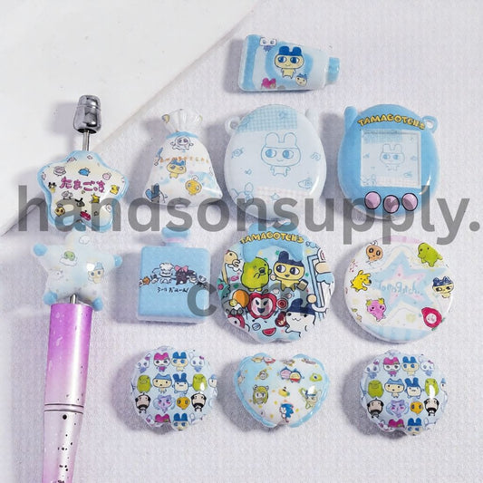 Light Blue Japanese Electronic Pet Series Prints, Different Shapes, Acrylic Beads Pendant Random Mix