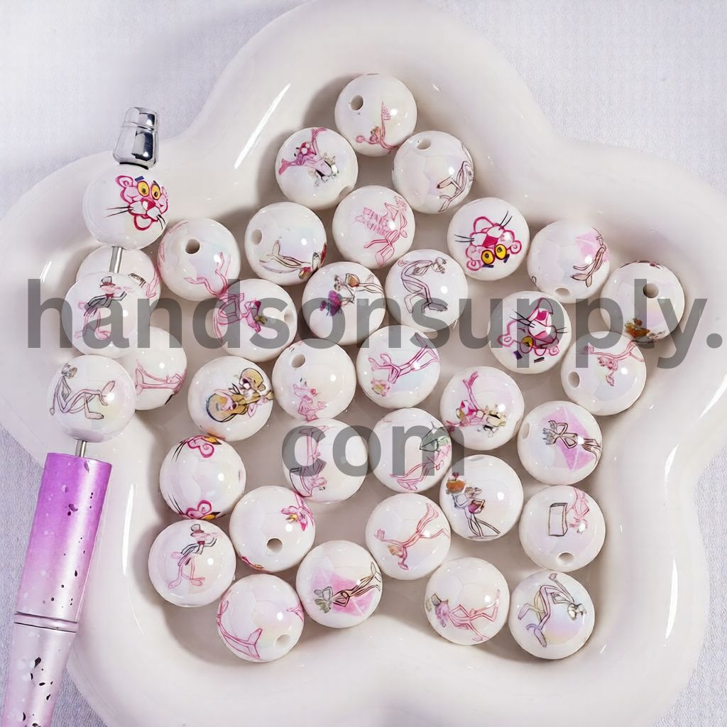 UV Coating Pink Leopard Print Round Shape, Acrylic Beads for Bracelets 16MM Random Mix
