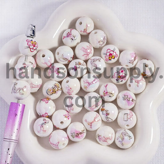UV Coating Pink Leopard Print Round Shape, Acrylic Beads for Bracelets 16MM Random Mix