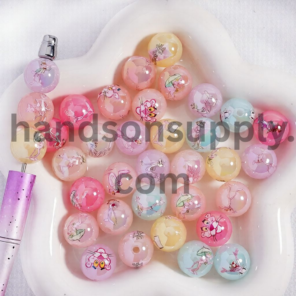 UV Coating Pink Leopard Prints, Jelly Color, Round Shape Acrylic Beads for Bracelets 16MM, Random Mix