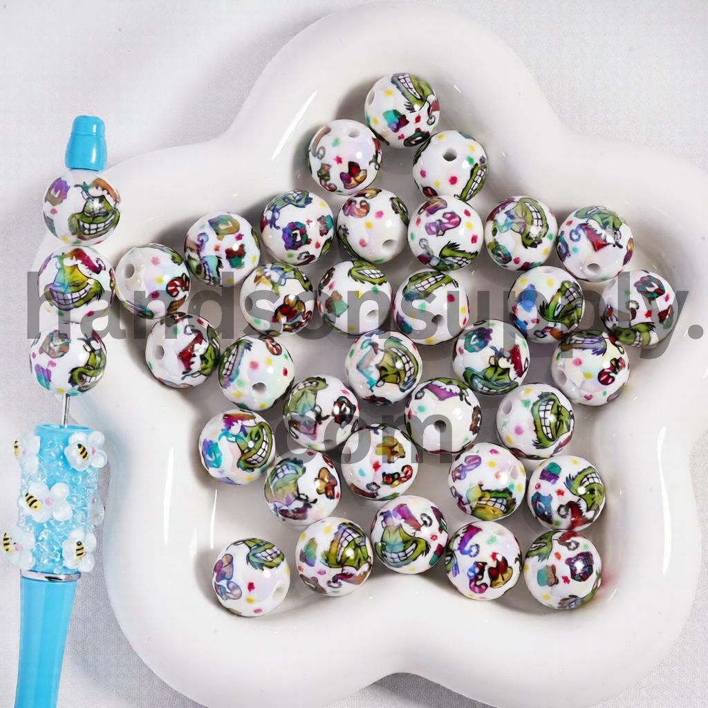 UV Coating Green Character with Christmas Hat, Bell and Candy Cane Print Round Shape Acrylic Beads for Bracelets 16MM,