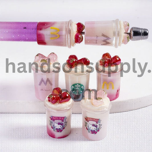 UV Coating Ombre Strawberry Cup Theme with Coffee, Fast Food & Cute Cat Patterns, Mixed Shapes Collection Acrylic Beads 26MM Height Random Mix