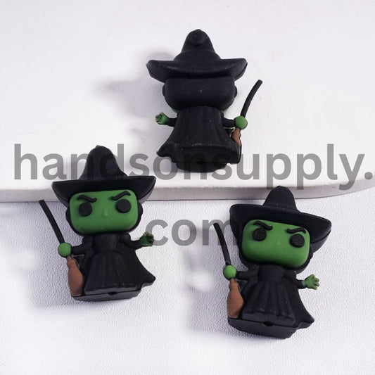 3D Green Witch Evil with Black Hat, Clothes & Broom Halloween Silicone Focal Beads