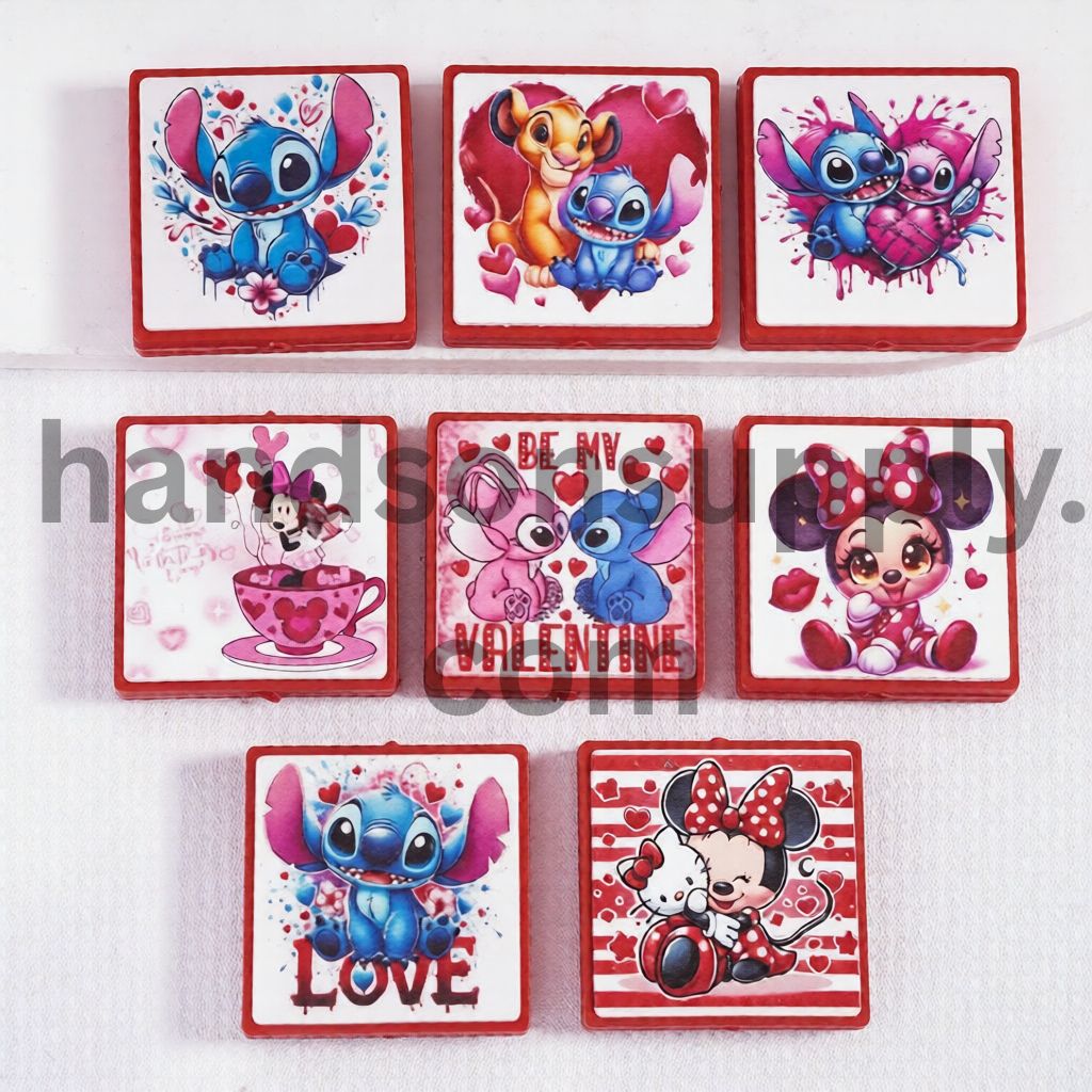 Classic Animation Series Valentine’s Day Theme Print Flat Square Shape Silicone Focal Beads Random Mix