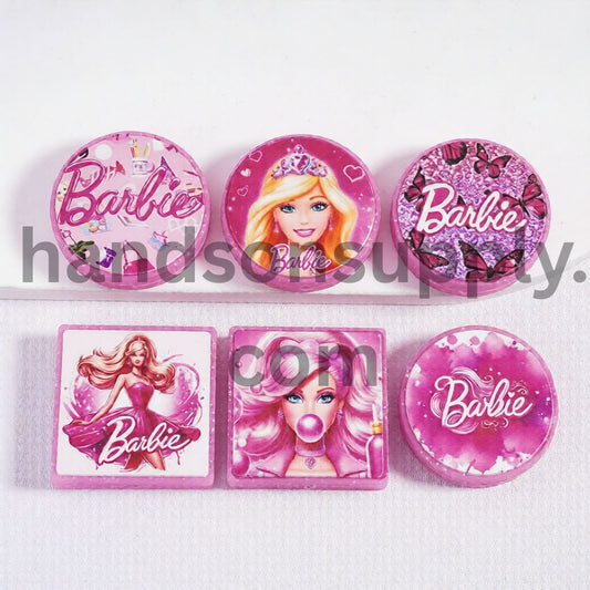 Pink Fashion Doll Pattern Glitter Print Flat Round & Square Shapes Silicone Focal Beads Random Mix