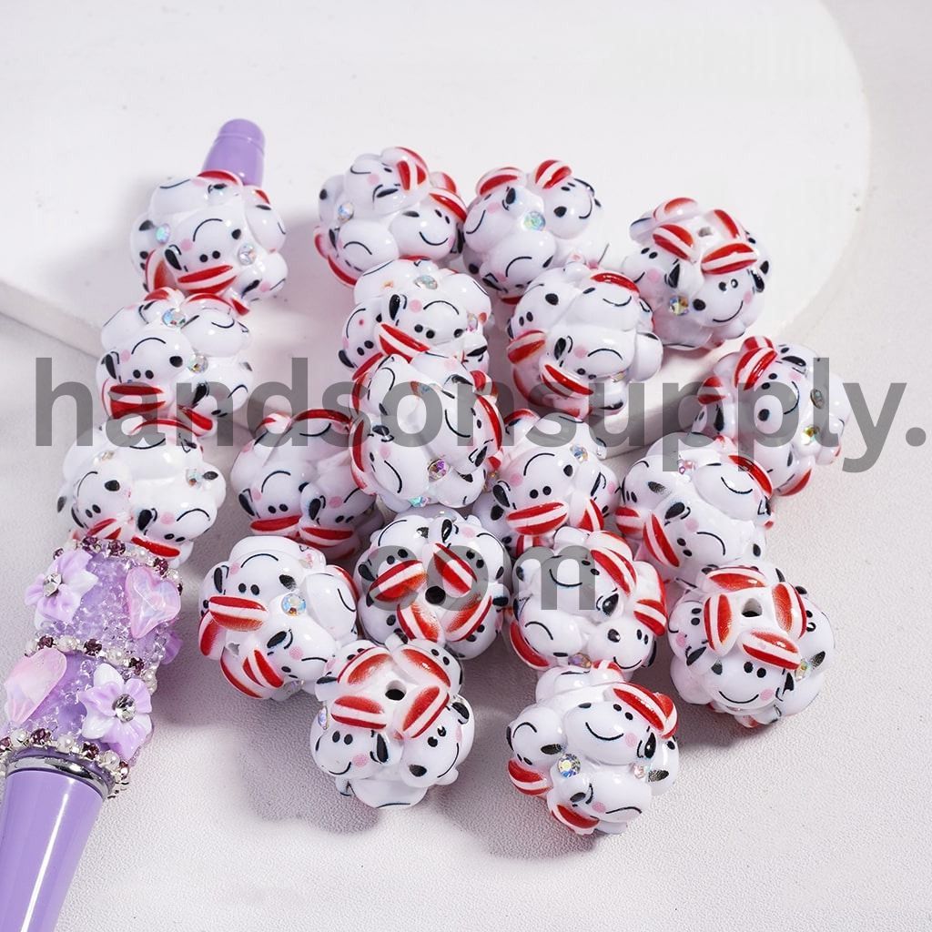 Beagle Cute Dog Face Wearing Red Hat & AB Rhinestones Multi‑Color Round Clay Beads 20MM