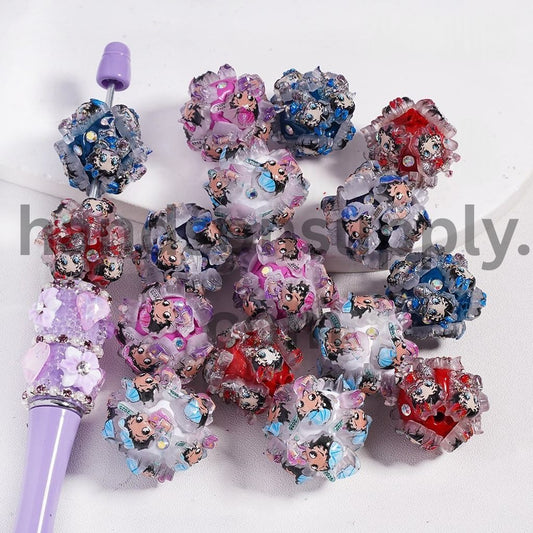 Old Girl Character Wearing Bowtie & Hat with Multi‑Color AB Rhinestones Round Clay Beads 24MM Random Mix