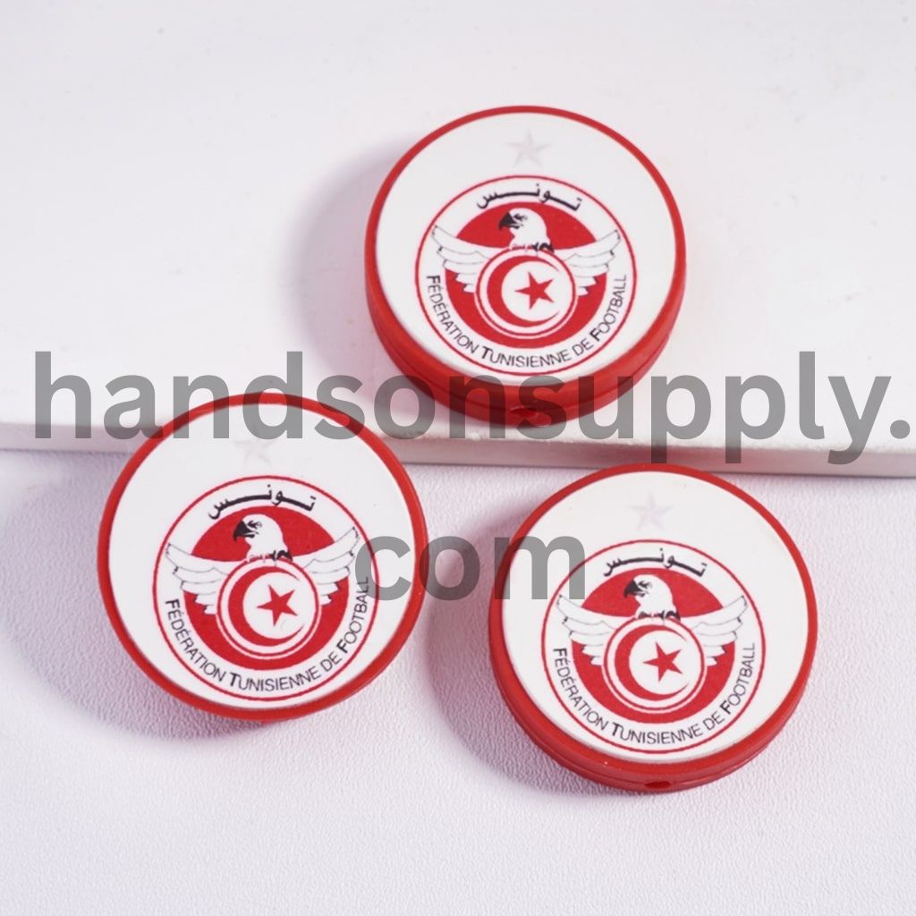 Tunisia Football Soccer Team Design Print Flat Round Shape Silicone Focal Beads