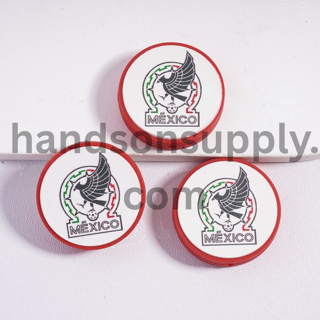 Mexico Football Soccer Team Sport Theme Print Flat Round Shape Silicone Focal Beads