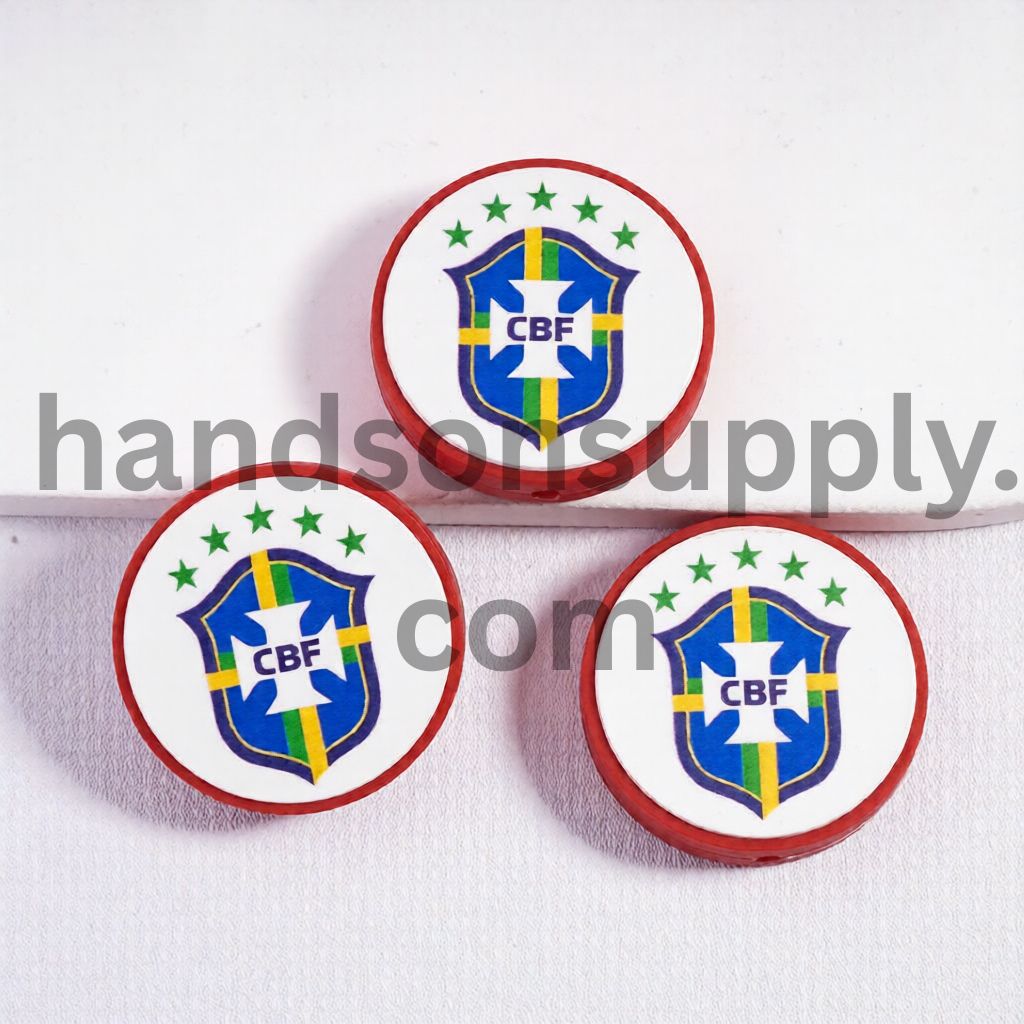 Brazil Football Soccer Team Sport Theme Print Flat Round Shape Silicone Focal Beads