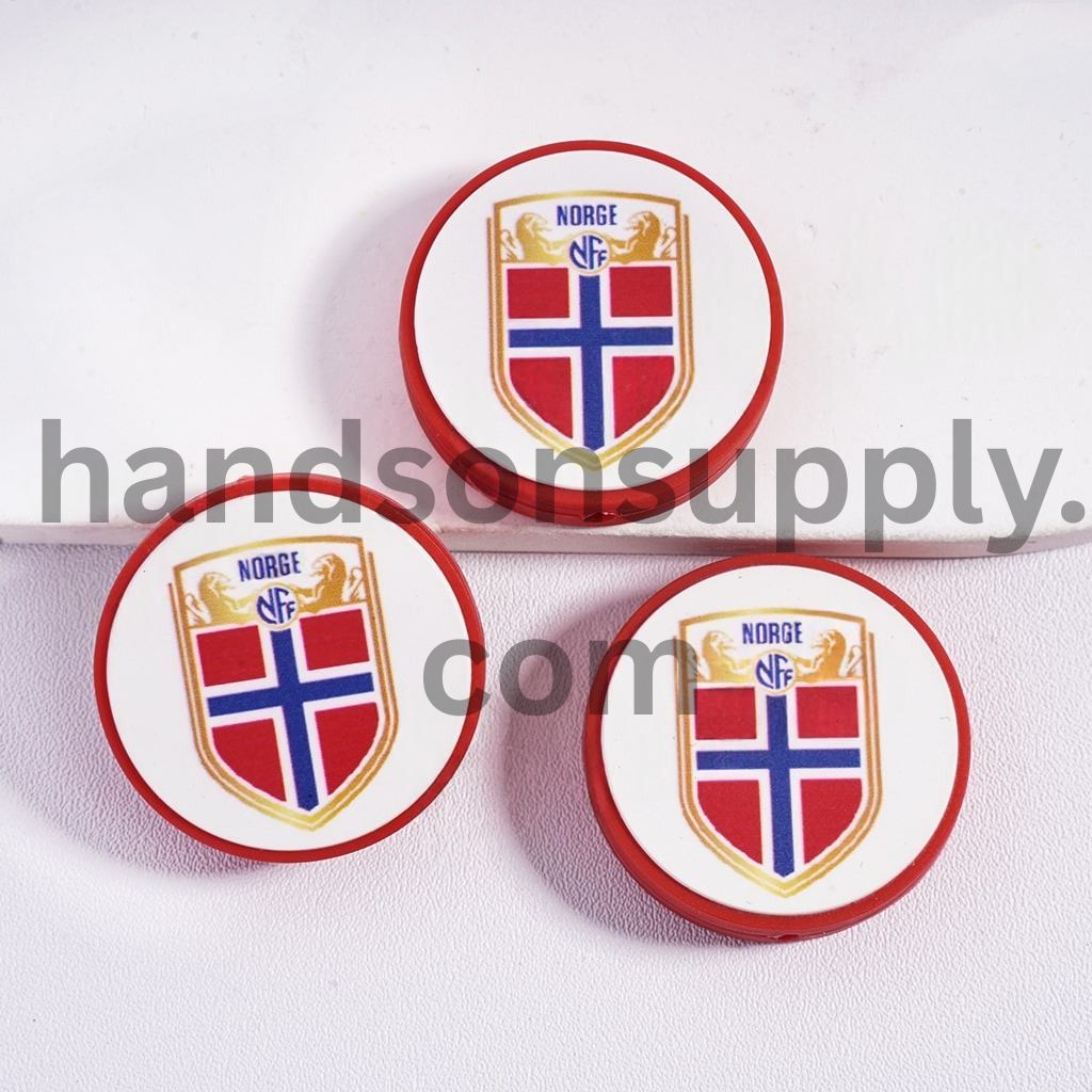 Norway Football Soccer Team Sport Theme Print Flat Round Shape Silicone Focal Beads