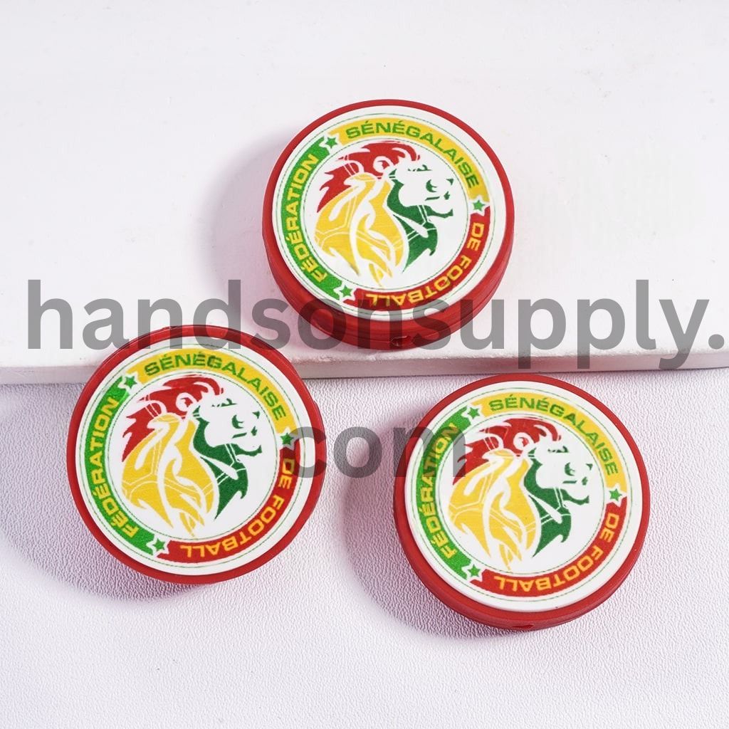 Senegal Football Soccer Team Sport Theme Print Flat Round Shape Silicone Focal Beads