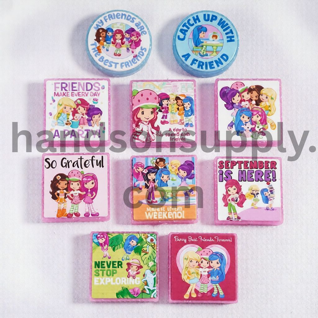 Berry Girl Series with Silver Glitter Print in Different Designs & Flat Round Square Shapes, Silicone Focal Beads Random Mix