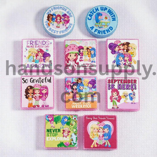 Berry Girl Series with Silver Glitter Print in Different Designs & Flat Round Square Shapes, Silicone Focal Beads Random Mix