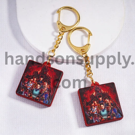 Metal Keychain with Gold Lobster Clasp with Charm Pendant Classic Dark Fantasy Character Horror Style, Flat Squar Shape