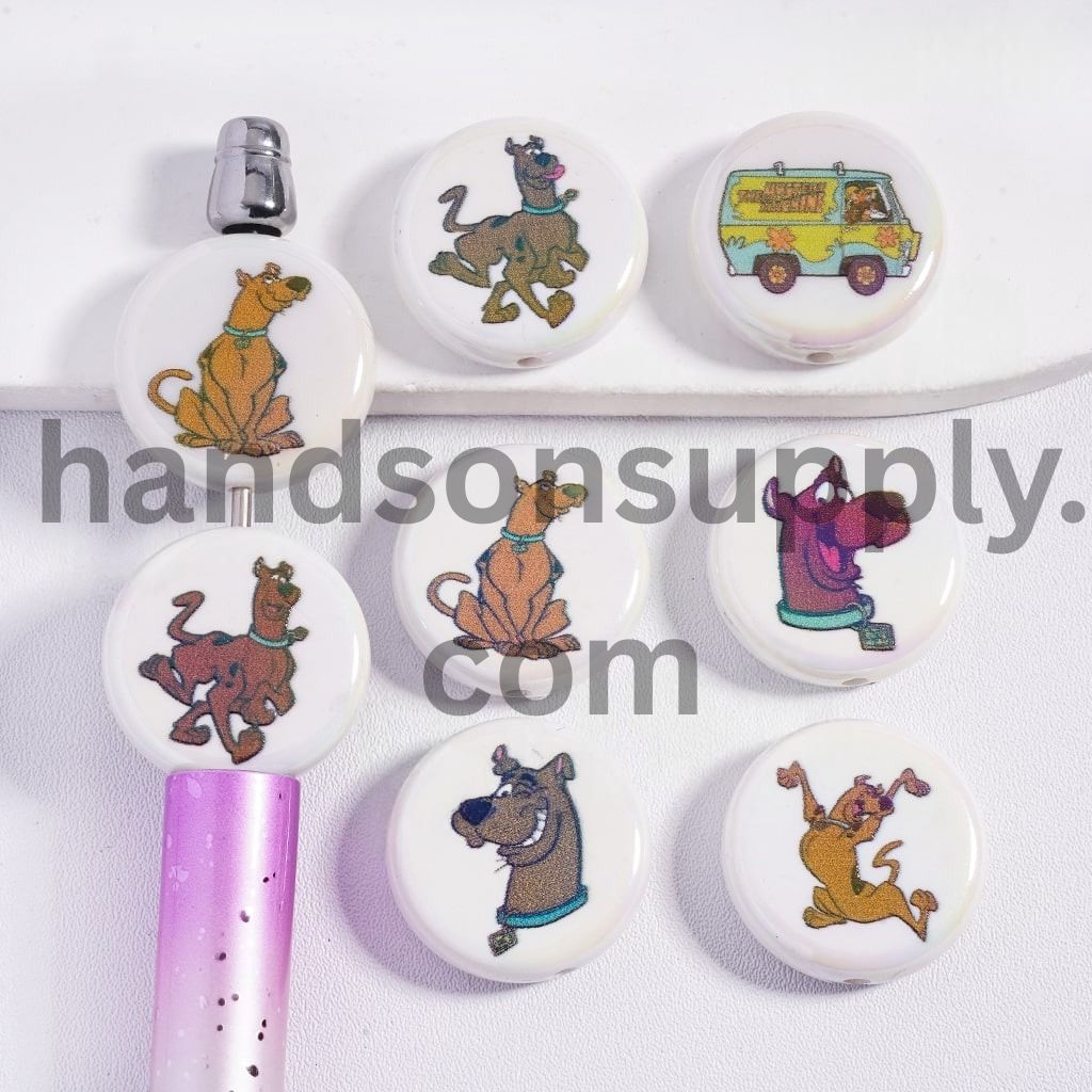UV‑Coated Dog Character Series Print Flat Round Shape Acrylic Beads 23mm Random Mix
