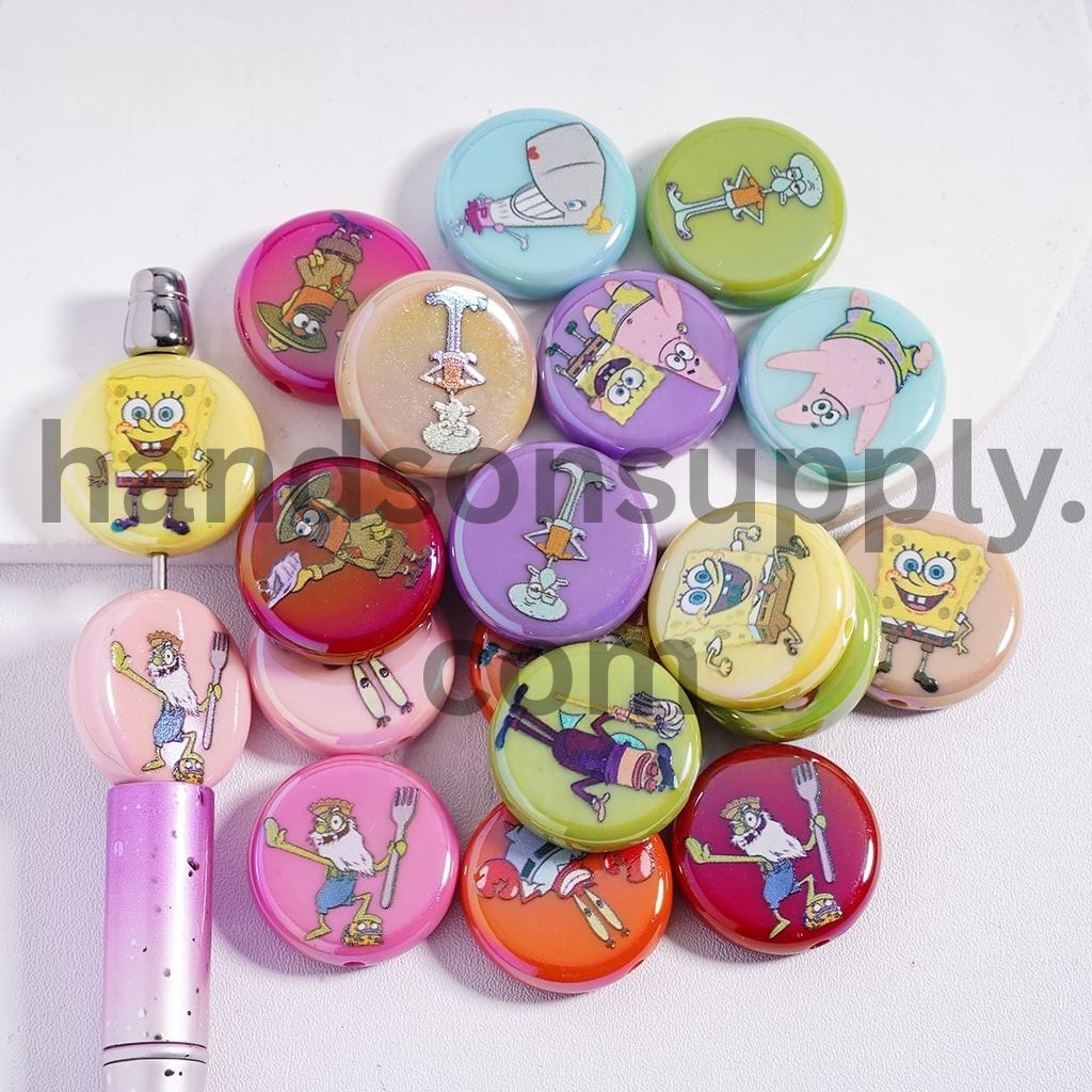 UV Coating Yellow Sponge Character Series Print Multi-Color Flat Round Shape Acrylic Beads 23mm Random Mix