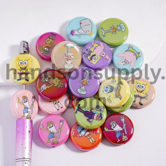 UV Coating Yellow Sponge Character Series Print Multi-Color Flat Round Shape Acrylic Beads 23mm Random Mix