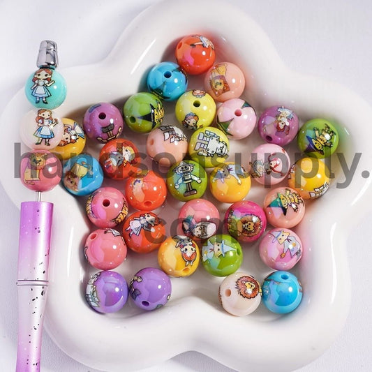 UV Coated Fantasy Adventure & Fairy Tale Series Print Multi‑Color Round Acrylic Beads for Bracelet 16mm Random Mix