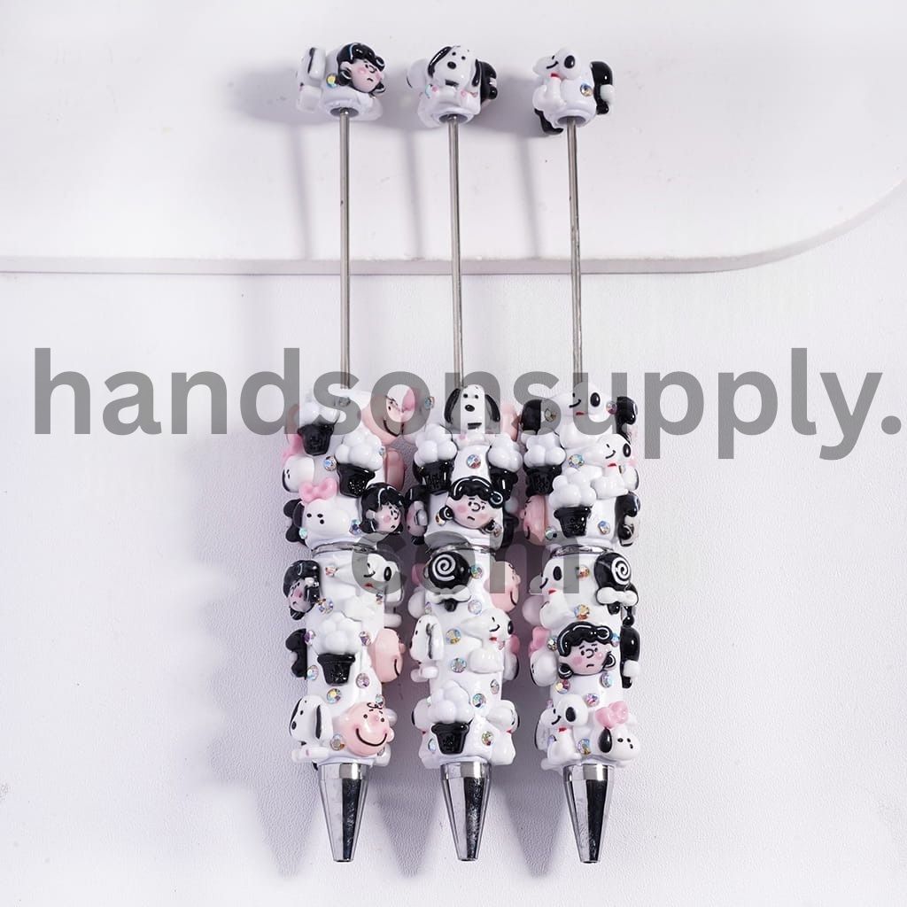 Black‑Pink Beagle Dog & Boy‑Girl Lollipop Clay Beadable Pens with AB Rhinestones & White Pearls