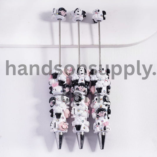 Black‑Pink Beagle Dog & Boy‑Girl Lollipop Clay Beadable Pens with AB Rhinestones & White Pearls