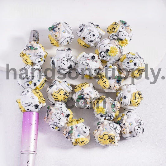 Yellow & White Beagle Dog & Boy Character  with AB Rhinestones Round Clay Beads 20mm