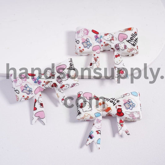 Cute Cat Character and Heart Bowtie Print Soft Bowtie Shape Silicone Focal Bead 40mm