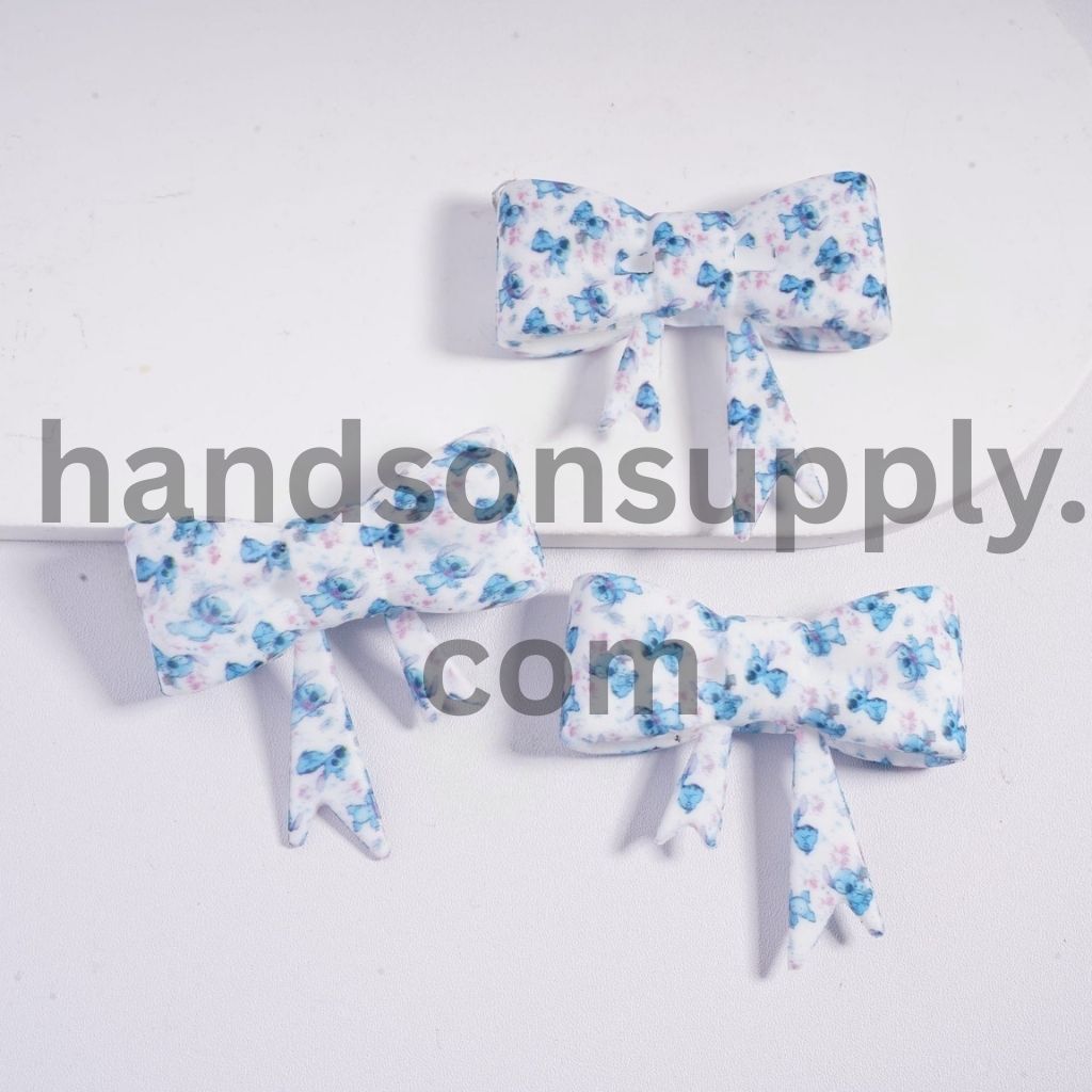 Soft Bowtie with Blue Monster Character & Pink Flower Prints Silicone Focal Beads 40 MM