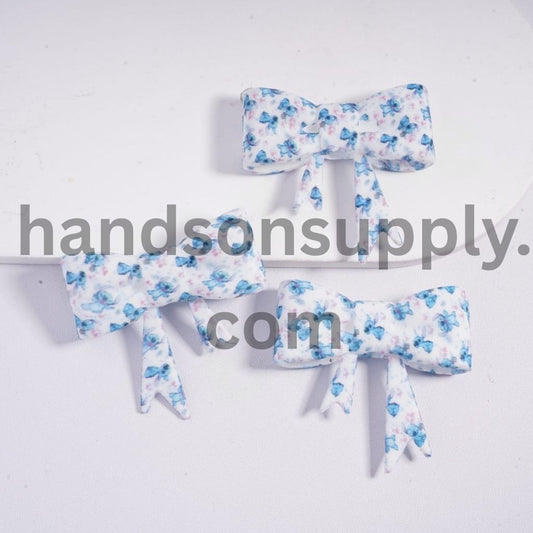 Soft Bowtie with Blue Monster Character & Pink Flower Prints Silicone Focal Beads 40 MM