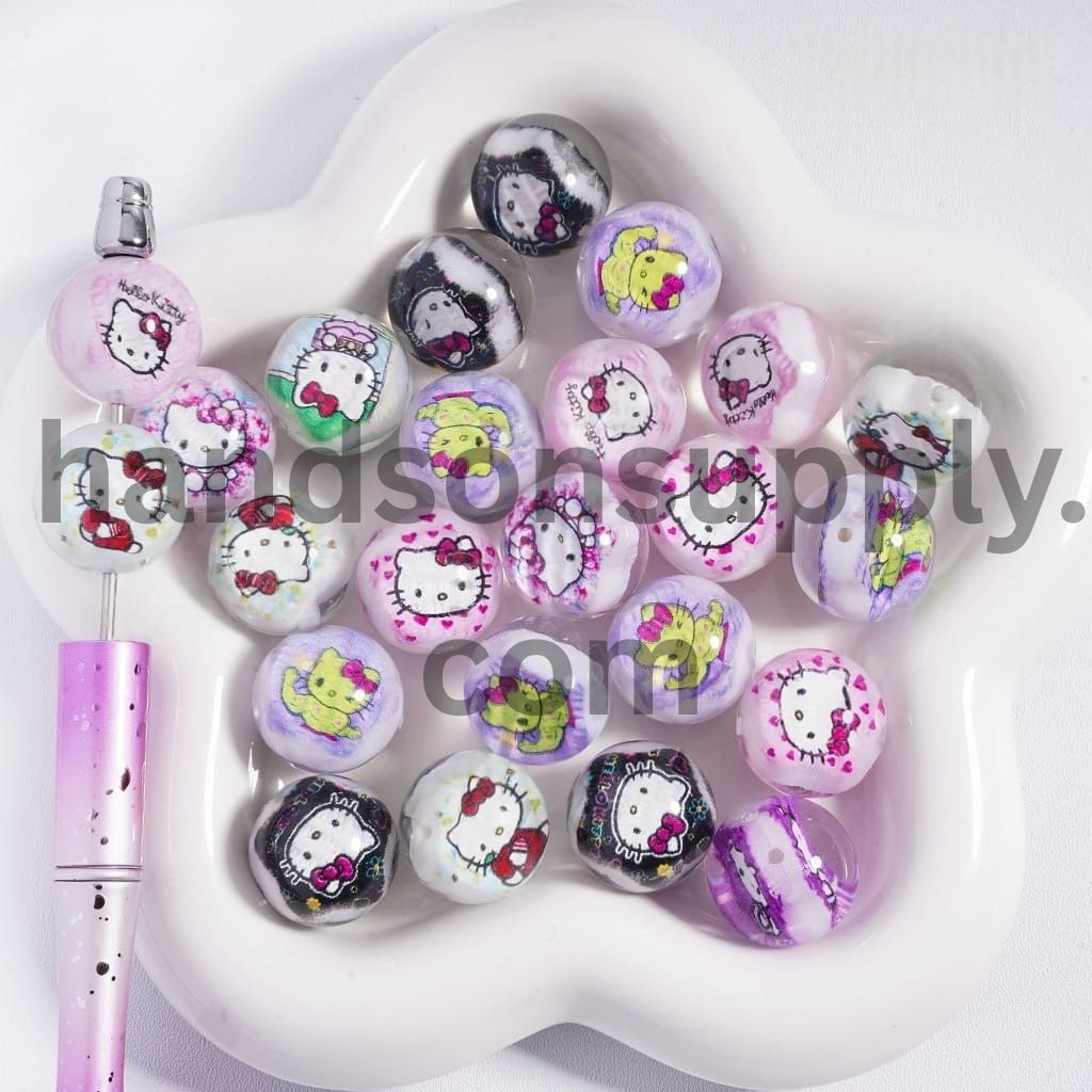 Cute Cat Character Double‑Sided Printed Embedded Inside Bead Translucent, Round Acrylic Beads 20 MM Random Mix