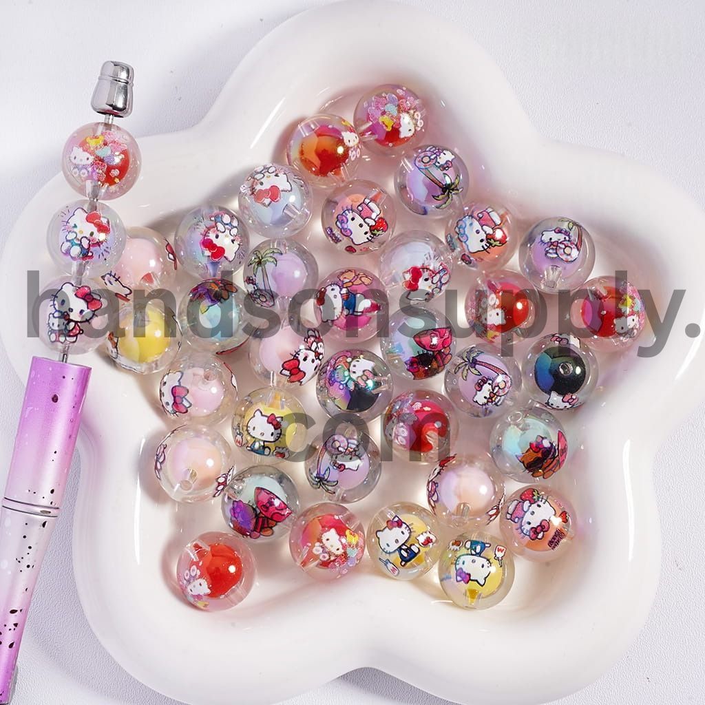 UV Coating Cute Cat Character Prints in Small Balls Inside Round Acrylic Beads for Bracelets 16mm, Random Mix