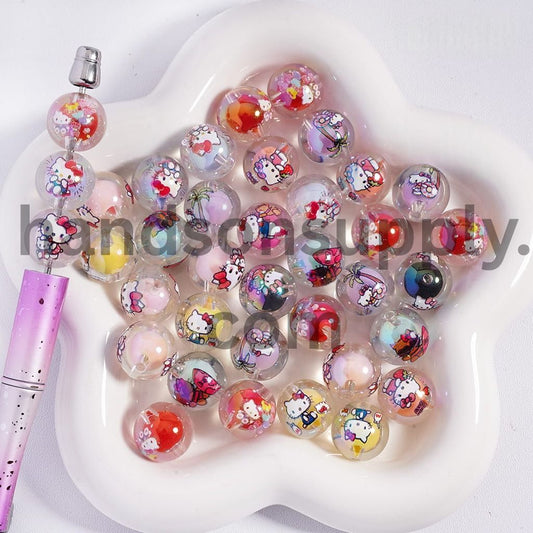 UV Coating Cute Cat Character Prints in Small Balls Inside Round Acrylic Beads for Bracelets 16mm, Random Mix