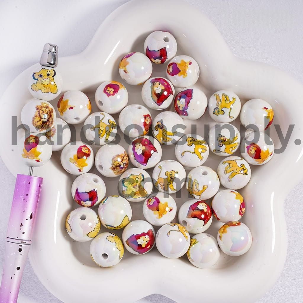 UV‑Coated Lion Leader Print on White Round Acrylic Beads 16mm Random Mix