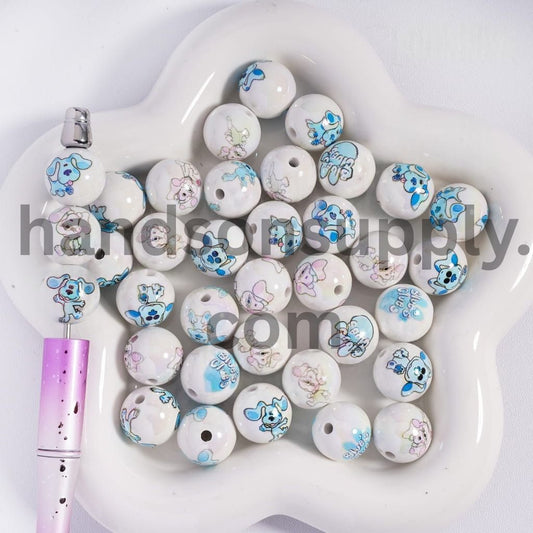 UV‑Coated Blue & Pink Dalmatian Dog Print on White Round Acrylic Beads 16mm Random Mix