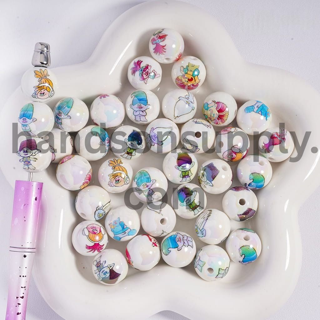 UV‑Coated Magic Hair Elf Print on Round Acrylic Beads 16mm Random Mix